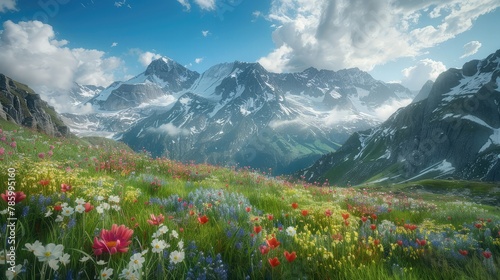 A majestic mountain range draped in a blanket of colorful wildflowers  with rugged peaks piercing the azure sky in a breathtaking display of natural beauty