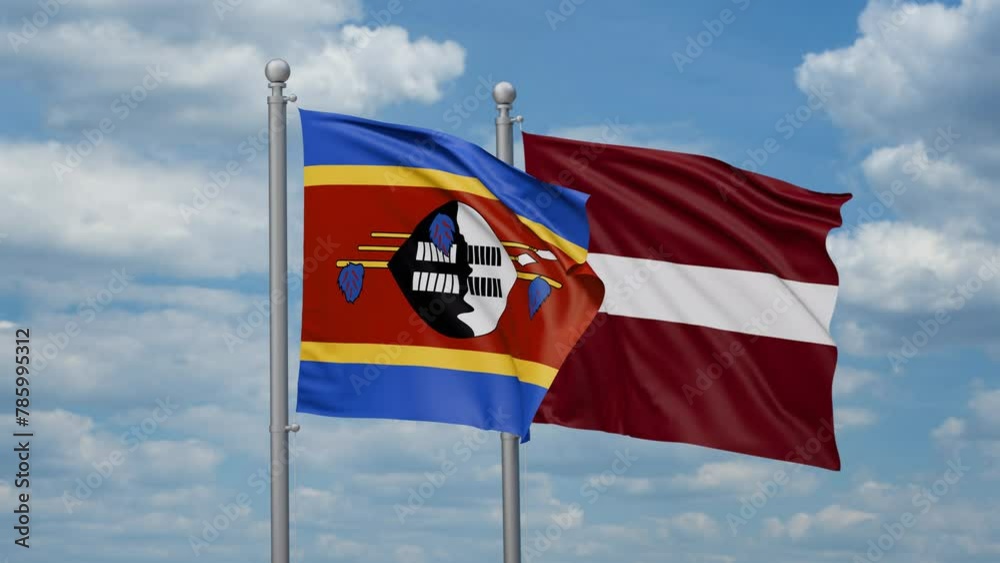 Latvia and Eswatini two flags waving together, looped video, two country cooperation concept Latvia and Eswatini two flags waving together, looped video, two country cooperation concept