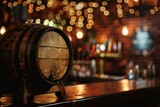 Wooden barrel on the table in a pub with bokeh