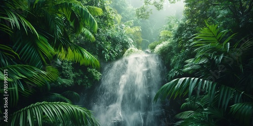 A serene waterfall cascades amongst vibrant green tropical foliage, creating a peaceful and tranquil scene photo