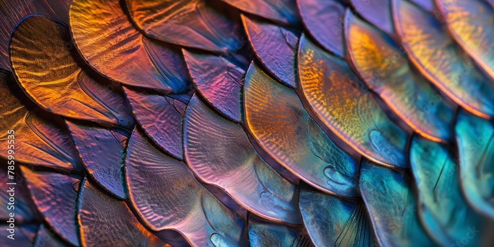 Obraz premium Close-up of an abstract pattern resembling fish scales with an iridescent finish that shimmers
