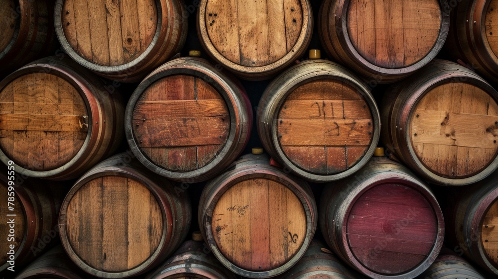 Background of wooden wine casks neatly arranged in a cellar