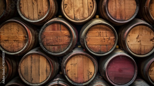 Background of wooden wine casks neatly arranged in a cellar © Sasint