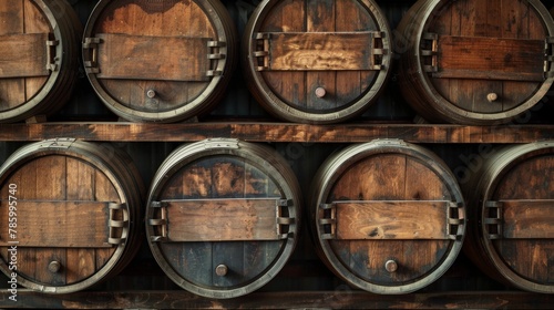 Background of wooden wine casks neatly arranged in a cellar © Sasint