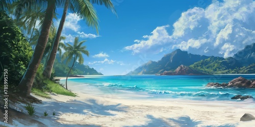 A serene tropical beach scene with lush palm trees  clear aquamarine water  and distant mountains under a blue sky