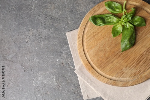 Wallpaper Mural Wooden cutting board, fresh basil and napkin on grey table, top view. Space for text Torontodigital.ca