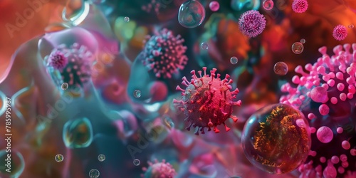 A highly detailed microscopic view of multi-colored virus particles floating amidst tiny droplets © gunzexx png and bg