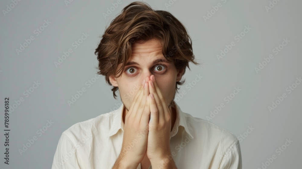 Man Covering Mouth with Hands