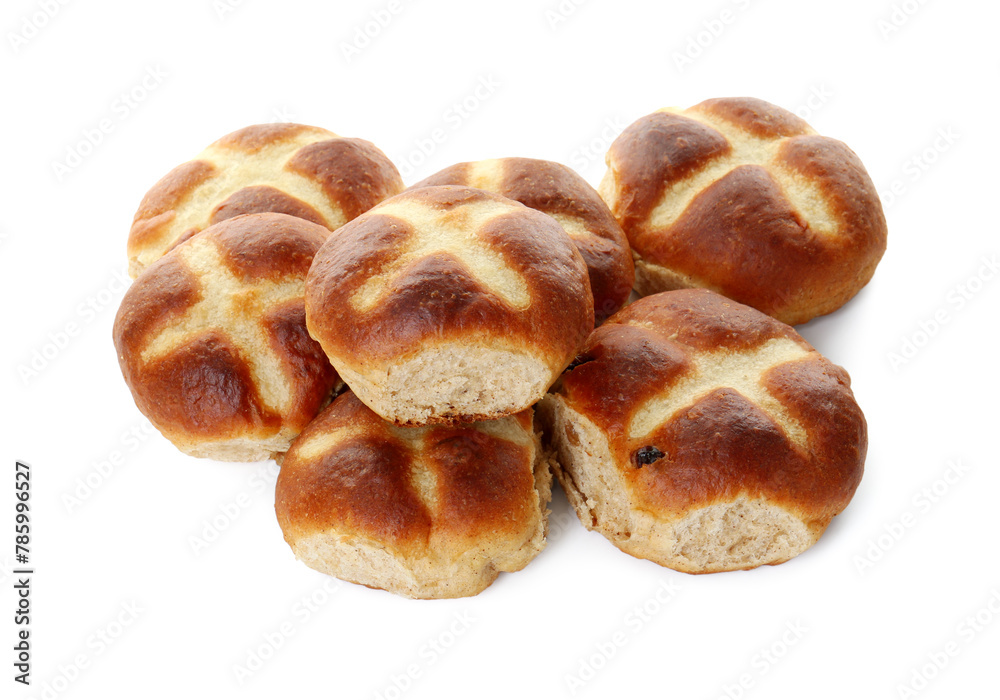 Pile of tasty hot cross buns isolated on white