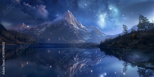 This breathtaking image features a serene lake reflecting a mountain under a star-studded night sky, evoking a sense of wonder