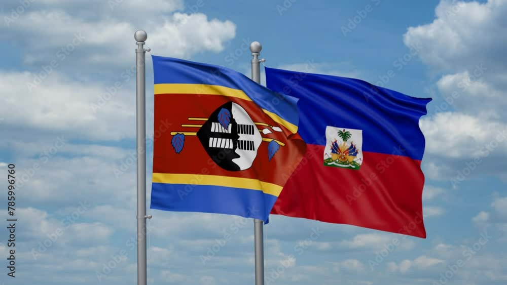 Haiti and Eswatini two flags waving together, looped video, two country relations concept Haiti and Eswatini two flags waving together, looped video, two country relations concept