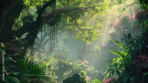 A lush tropical jungle alive with the symphony of nature  with towering trees draped in vines and colorful blooms  and exotic birds flitting among the canopy in a vibrant tapestry of life