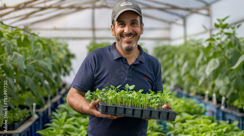 Joyful Young Farmer Holding Fresh Microgreens in Sustainable Greenhouse