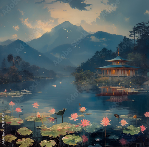 oil painting depicting a lotus pond a lake surrounded by green aquatic plants a waterside pavilion and a natural mountain background