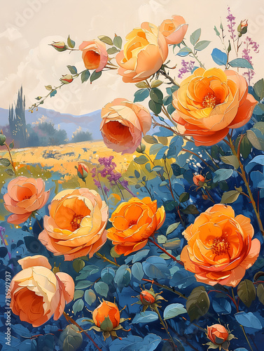 Oil painting of a rose field in the countryside with the sky in the background.