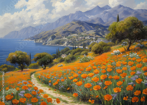 Paint a beautiful field of poppies along a country road
