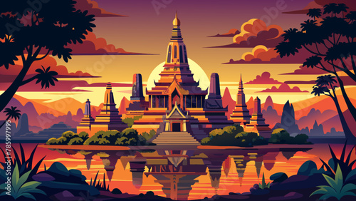 Buddhist temple at sunset. Vector illustration in flat style.