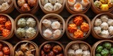 A delicious assortment of Asian dumplings served in traditional bamboo steamer baskets, perfect for dim sum enthusiasts