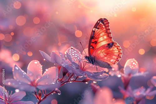 Oil painting of butterflies on delicate pink flowers in drops of dew at sunrise, an idea for wall decor in an apartment