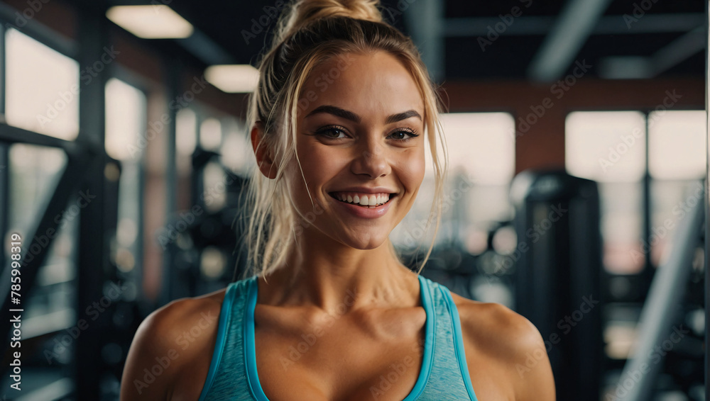 Beautiful young woman wearing a sports bra is smiling while looking at the camera with a gym interior in the background