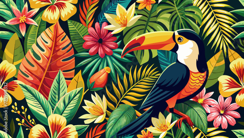 Seamless pattern with toucan and tropical flowers. Vector illustration