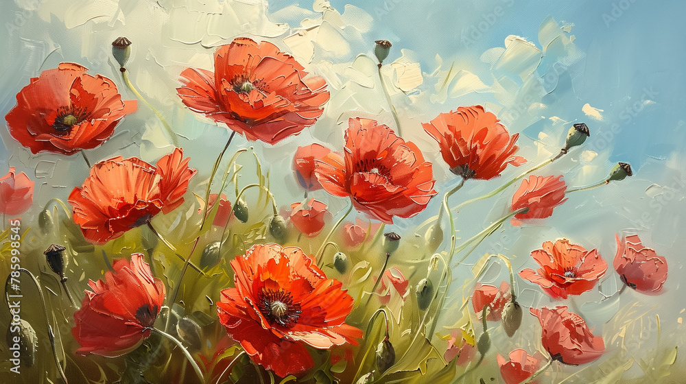 Oil painting with red poppies on a bright sunny day, an idea for wall decor in an apartment Oil painting with red poppies on a bright sunny day, an idea for wall decor in an apartment