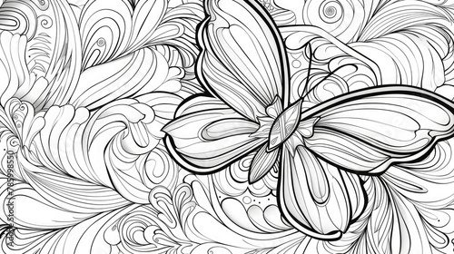 Hand drawn butterfly on a flower zentangle style. Coloring book for kids and adults.For adult and for children antistress coloring page, print, emblem,logo or tattoo,design, decor, T-shirt. photo
