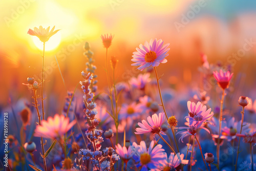 beautiful wild flowers against the background of a sunrise, painted with oil paints, idea for wall decor