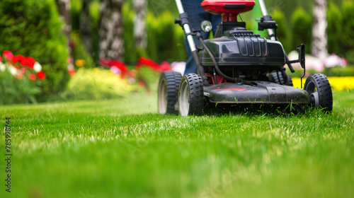Lawn Care in Progress. Close Up of Lawn Mower on Vibrant Green Grass