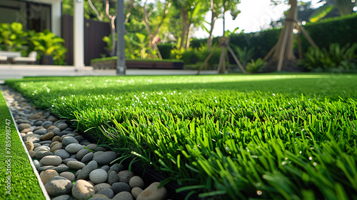 Modern Backyard Design. Artificial Grass and Decorative Pebble Pathway