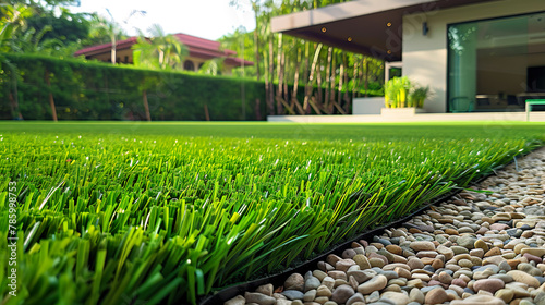 Modern Backyard Design. Artificial Grass and Decorative Pebble Pathway