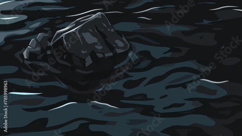 Uses a deep black water background, where the carbon chunk is partially submerged, blurring the lines between the solid and liquid elemental states photo