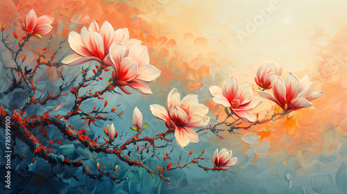 beautiful magnolia flowers against the background of the sunrise painted with oil paints, idea for wall decor