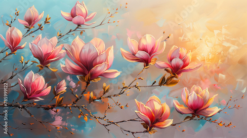 beautiful magnolia flowers against the background of the sunrise painted with oil paints, idea for wall decor