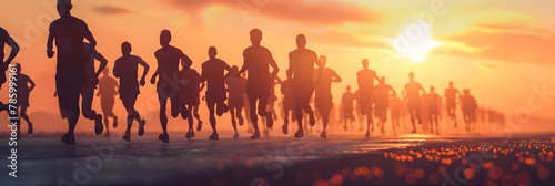 Group of runner running on sunset along the road , Picture of a group of people participating in a run World health day, Runners Racing Along the Beach during sunset in the background  photo