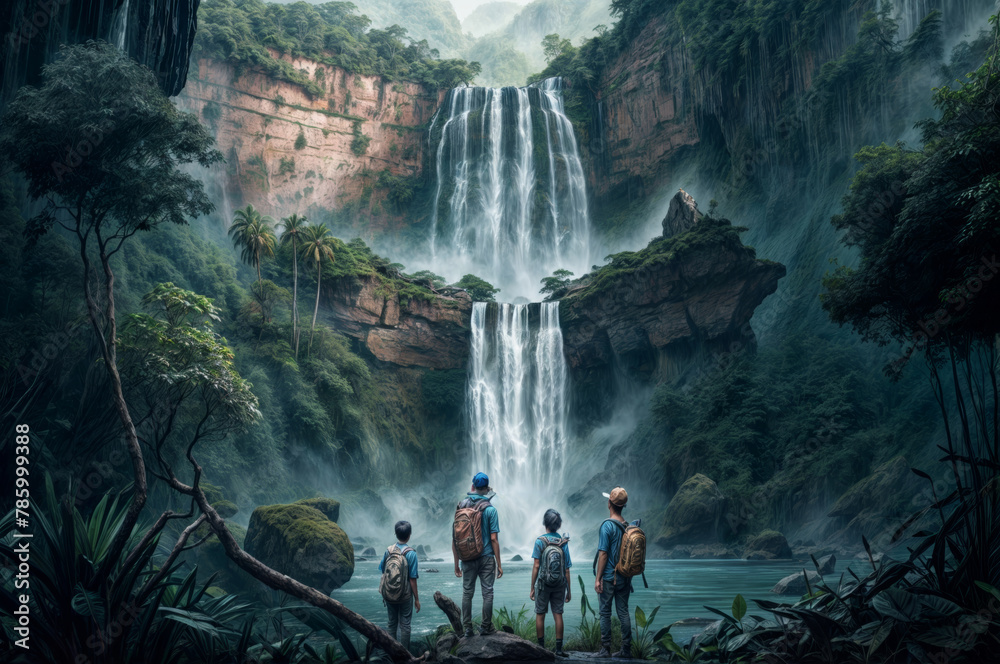 Group of tourists with backpacks at the waterfall in the jungle.