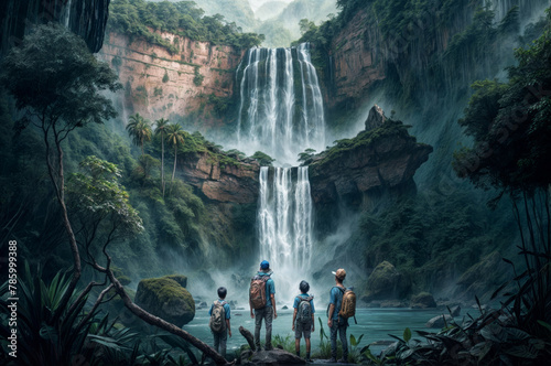Group of tourists with backpacks at the waterfall in the jungle.