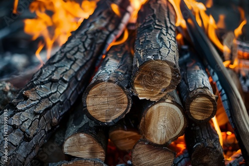 A pile of unburnt wooden logs stacked near the bonfire, awaiting consumption by the fire photo