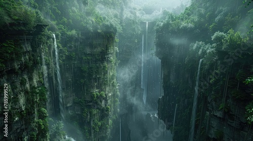 A majestic canyon carved by millennia of natural forces, with towering cliffs adorned with verdant foliage and cascading waterfalls, photo