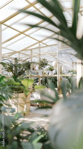 Showcases the gold element under the filtered light of a greenhouse, surrounded by an array of soft green plants, highlighting its tranquil, harmonious setting