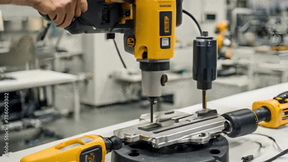 Power tool being assembled, focusing on the integration of electronic parts during the manufacturing process. Power tool being assembled, focusing on the integration of electronic parts during the manufacturing process.