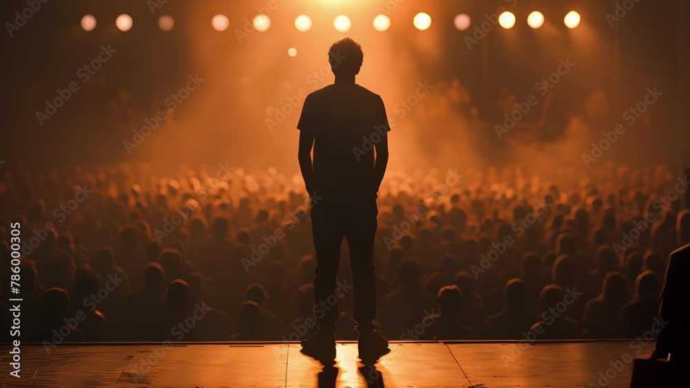 A person stands at the edge of the stage their back to the camera as they captivate the audience with their performance. The crowd . .