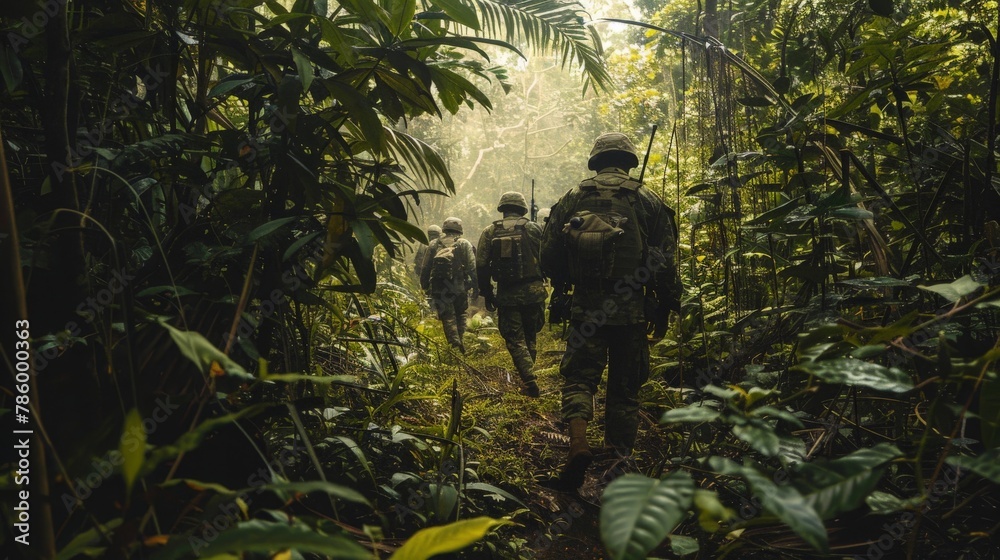Camouflaged soldiers advancing through dense jungle foliage