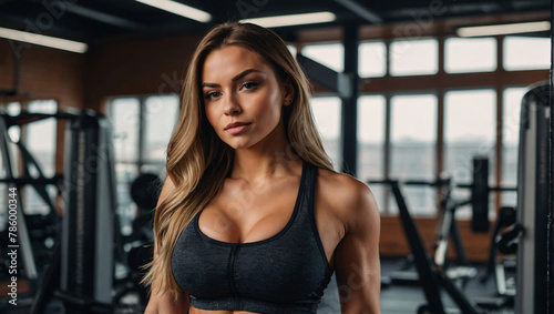 Beautiful young woman wearing a sports bra is smiling while looking at the camera with a gym interior in the background © The A.I Studio