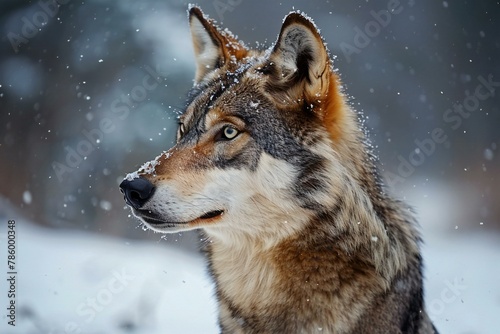 Portrait of a wolf in the winter forest with snowflakes