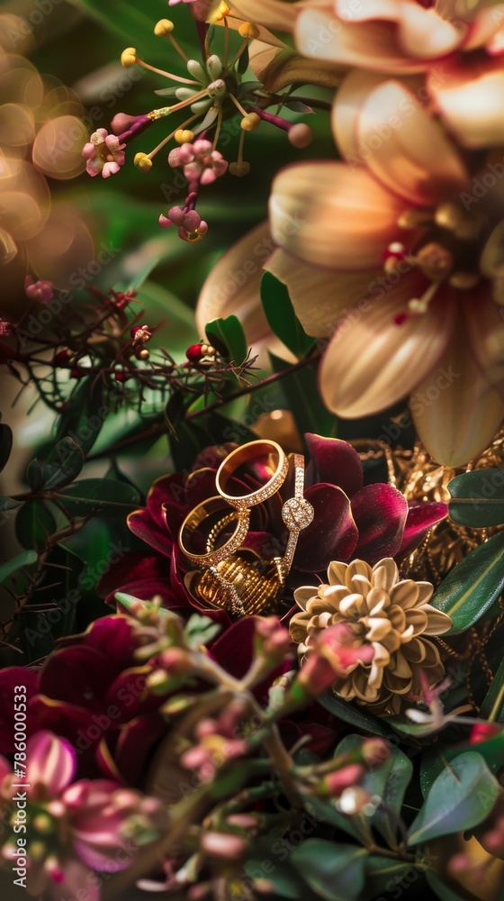Showcases gold jewelry amidst natural elements, the gleaming golds standing out against a backdrop of flowers and greenery, highlighting their elegance
