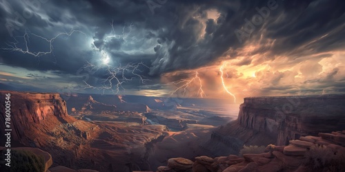 A powerful thunderstorm looms over the grandeur of the Grand Canyon, with lightning illuminating the vast landscape