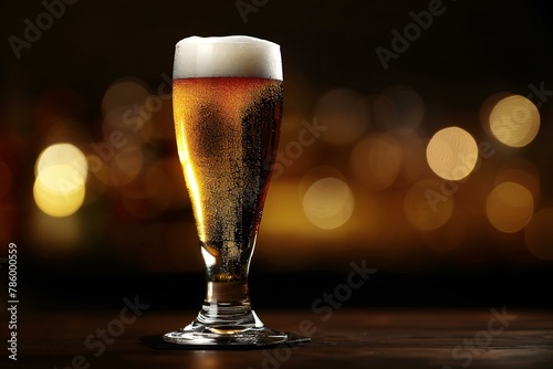 Glass of beer on a dark background with bokeh effect