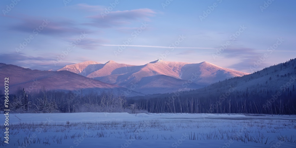 Serene winter scene with gentle golden light falling on snow-covered mountains and forest