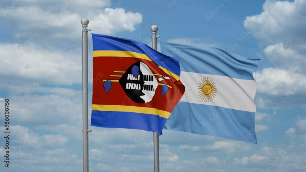 Argentina and Eswatini two flags waving together, looped video, two country relations concept Argentina and Eswatini two flags waving together, looped video, two country relations concept